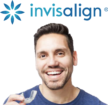 A smiling man holding a set of invisalign braces.